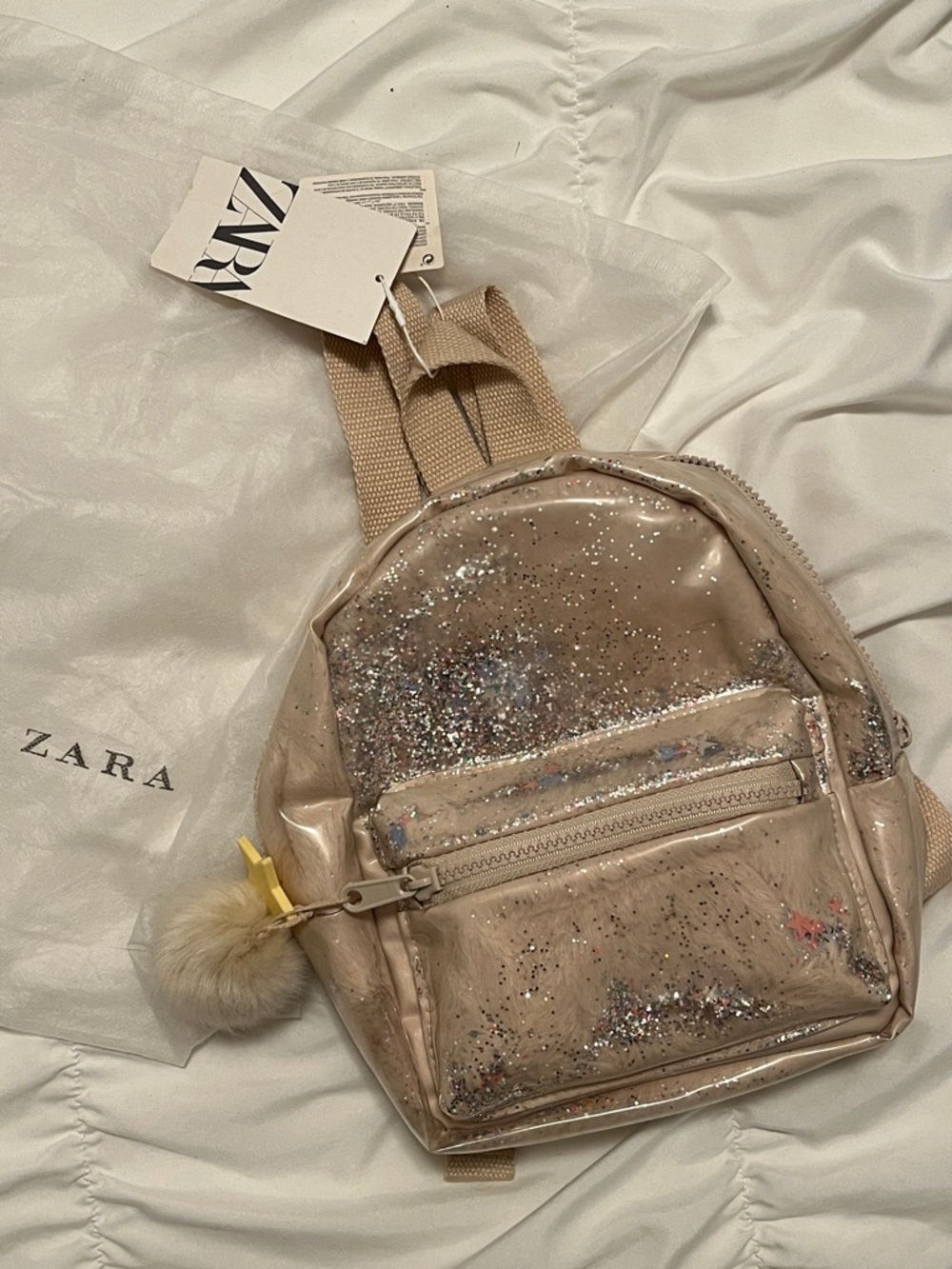 NWT- Zara Kids Glitter & Fauxfur Clear Blush Pink Mini Backpack